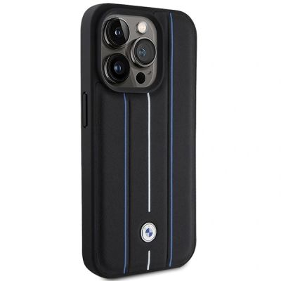 4. BMW Lederhülle mit blauem Streifenmuster für iPhone 15 Pro Max – Schwarz