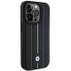 4. BMW Lederhülle mit blauem Streifenmuster für iPhone 15 Pro Max – Schwarz