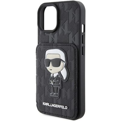 6. Karl Lagerfeld Saffiano Cardslots and Stand Monogram Ikonik Patch Hülle für iPhone 15 – Schwarz