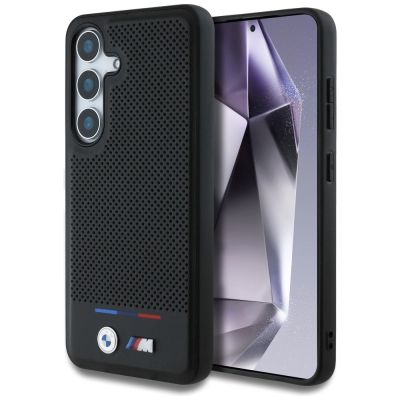 BMW Leder Tricolor Stripe MagSafe Hülle für Samsung Galaxy S25+ - Schwarz