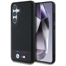 BMW Leder Tricolor Stripe MagSafe Hülle für Samsung Galaxy S25+ - Schwarz