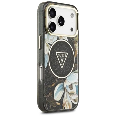 4. Guess IML Glitter Flowers Triangle MagSafe Hülle für iPhone 18 Pro Max / 17 Pro Max – Schwarz