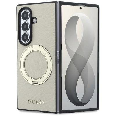2. Guess Magnetische Ringständer-Hülle mit genarbtem Logo und MagSafe-Design für Samsung Galaxy Z Fold 8 Ultra – Beige