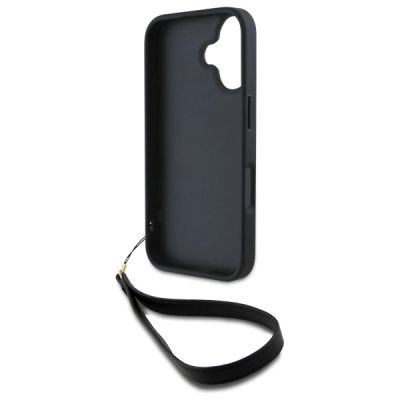 6. DKNY Wrist Strap Stock Logo Hülle für iPhone 16 – Schwarz