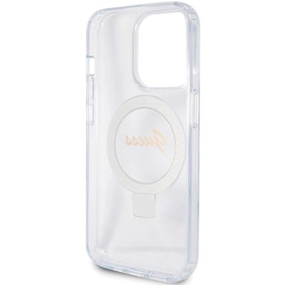 7. Guess Ring Stand Script Glitter MagSafe Hülle für iPhone 15 Pro – transparent