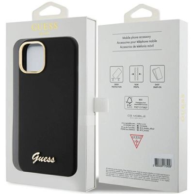 8. Guess Silikon Script Metal Logo & Frame Hülle für iPhone 15 – Schwarz