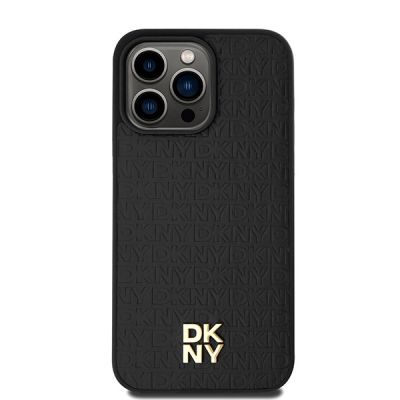 3. DKNY MagSafe-Hülle aus Leder mit Monogrammmuster und Metalllogo für iPhone 15 Pro Max – Schwarz