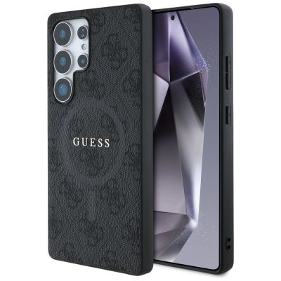 Guess Leder 4G Farbiger Ring Classic Logo MagSafe Hülle Samsung Galaxy S25 Ultra schwarz
