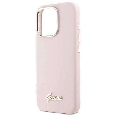 6. Guess Silikon Script Metal Logo & Frame Hülle für iPhone 16 Pro Max – Rosa