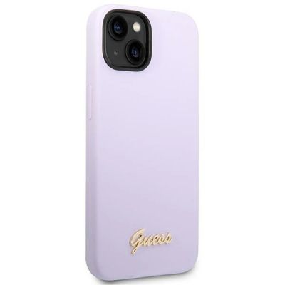 4. Guess Silikonhülle mit Vintage-Goldlogo für iPhone 14 / 15 Plus – Lila