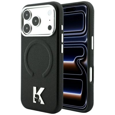 Karl Lagerfeld MagSafe Hülle mit geprägtem Ringmuster und Kameo-Logo für iPhone 18 Pro / 17 Pro – Schwarz