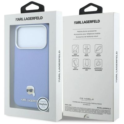 8. Karl Lagerfeld MagSafe-Schutzhülle mit genarbtem Karl-Kopf-Motiv für iPhone 18 Pro / 17 Pro – Hellblau