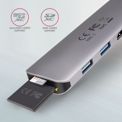 3. Axagon HMC-5 Dockingstation, kabelgebunden, USB 3.2 Gen 1 (3.1 Gen 1), Typ-C, Grau