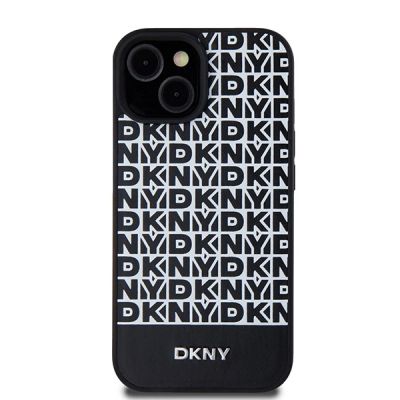 3. DKNY MagSafe Lederhülle mit bedrucktem Muster und Metalllogo für iPhone 15/14/13 – Schwarz