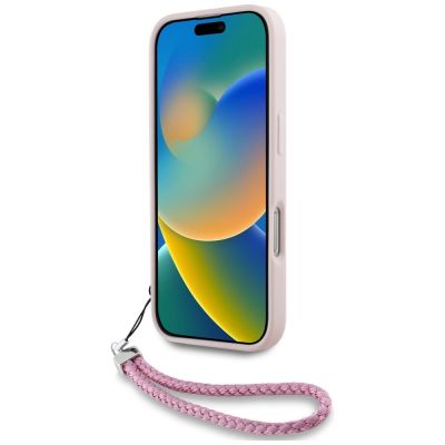 4. Karl Lagerfeld iPhone 16 Hülle mit gestepptem Initialenlogo und Kettenriemen – Rosa