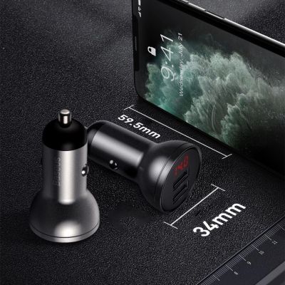 8. Baseus Autoladegerät 2x USB 4,8A 24W mit LCD + 3ins1 Kabel USB - USB Typ C / micro USB / Lightning schwarz (TZCCBX-0G)