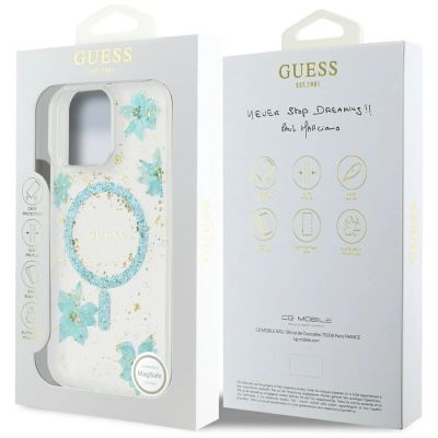 8. Guess Resin Flowers Glitter MagSafe iPhone 16 Pro Hülle - Transparent Grün