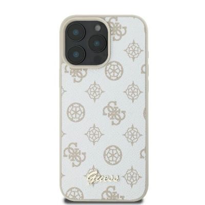 3. Guess MagSafe Hülle mit Pfingstrosen-Schriftzug für iPhone 16 Pro – Weiß