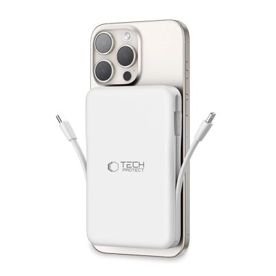 9. Tech-Protect LifeMag PB31 Powerbank mit MagSafe 10000 mAh 15 W USB-C/USB-A/integriertes USB-C/ Lightning Kabel – Weiß