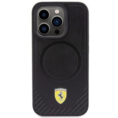 3. Ferrari Carbon Metal Logo MagSafe-Hülle für iPhone 15 Pro – Schwarz