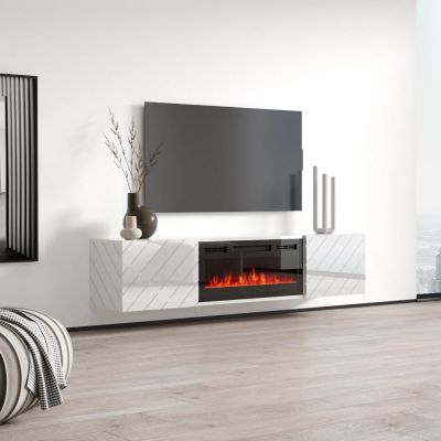 2. TV-Schrank LUXE 182,6 x 34,5 x 37,5 cm, weiß/weiß glänzend + schwarzer Kamin