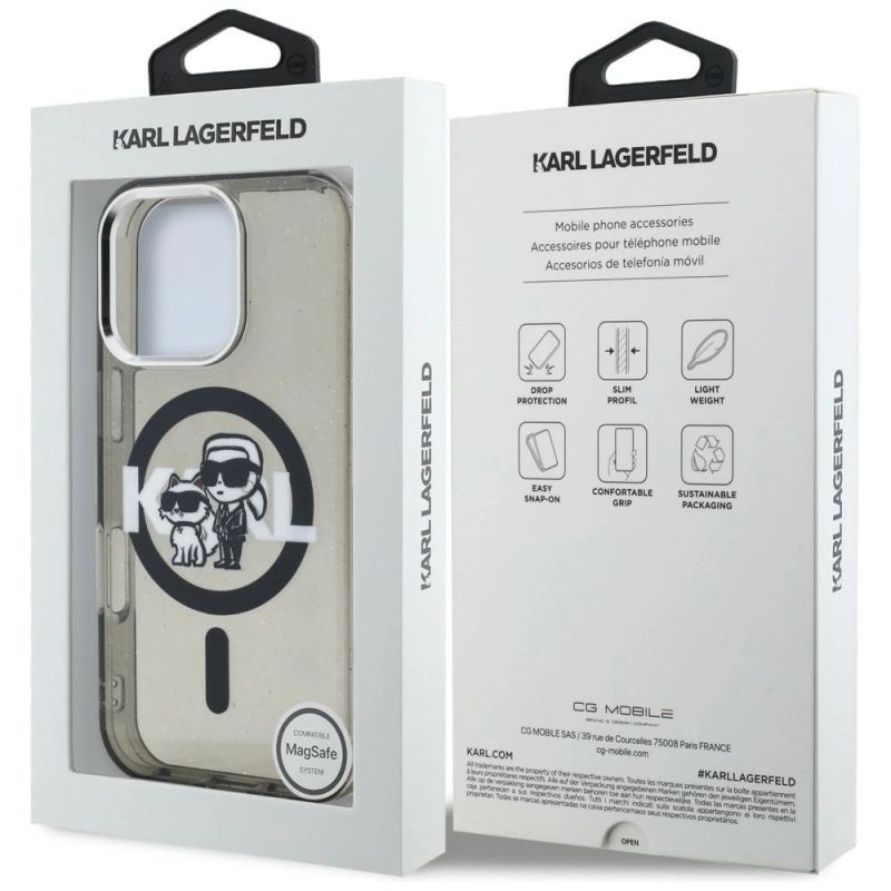 8. Karl Lagerfeld IML Glitter Karl & Choupette Sketch Logo MagSafe Hülle für iPhone 16 Pro Max - Schwarz