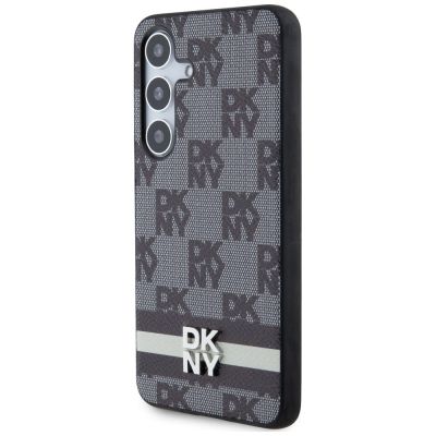 3. DKNY Lederhülle mit kariertem Monomuster und bedruckten Streifen für Samsung Galaxy S24+ – Schwarz
