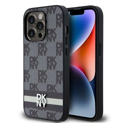 DKNY iPhone 14 Pro-Hülle aus Leder mit kariertem Monomuster und bedruckten Streifen – Schwarz
