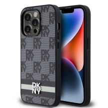 DKNY iPhone 14 Pro-Hülle aus Leder mit kariertem Monomuster und bedruckten Streifen – Schwarz