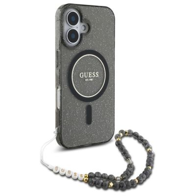 3. Guess IML Glitter With Pearl Strap MagSafe-Hülle für iPhone 16 – Schwarz