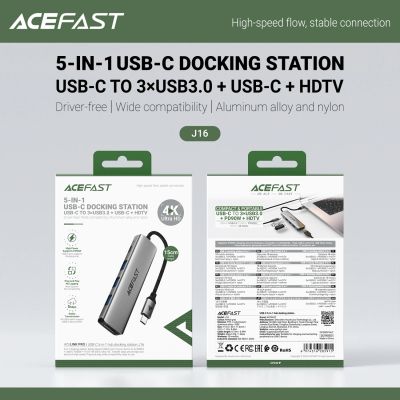 6. Acefast J16 USB-Hub USB-C 5-in-1 HDMI 4K 60Hz PD90W Dockingstation – Grau