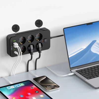 5. Tech-Protect PC6X6 Steckdosenleiste 6 Steckdosen 240V + 3xUSB-A + 3xUSB-C 200cm - Schwarz