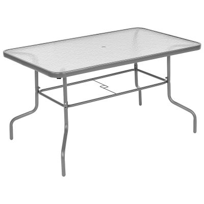 4. Gartenmöbel-Set: Tisch, 4 Stühle und grauer Sonnenschirm