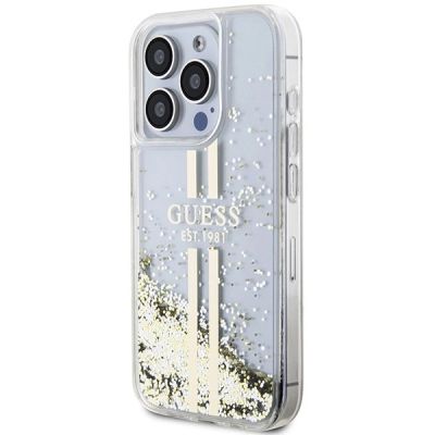2. Guess Liquid Glitter Gold Stripes Hülle für iPhone 15 Pro Max – transparent