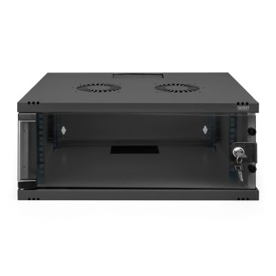 30. 19-Zoll-4HE-Wandnetzwerkschrank, SOHO 241 x 540 x 400 mm, Glastür, schwarz, unmontiert, 60 kg