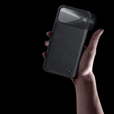 11. Nillkin CamShield Leather S Case iPhone 14 Pro Max Hülle mit Kameraabdeckung schwarz