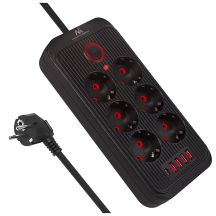 MACLEAN Steckdosenleiste, Verlängerungskabel mit 6 Steckdosen + 4 USB-Anschlüssen, 110–240 V Wechselstrom, 50/60 Hz, max. 2,1 A, 2500 W, 1,5 m, Schwarz, MCE389 B