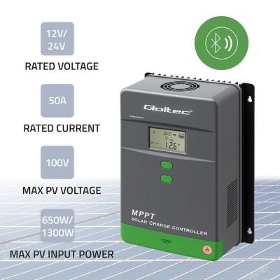 3. Qoltec 53664 MPPT-Solarladeregler mit Temperatursensor 50 A | 12 V / 24 V | LCD | Bluetooth | App | GEL | LiFePO4