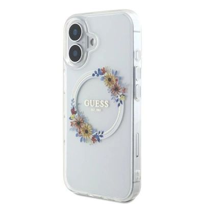 2. Guess IML Flowers Wreath MagSafe Hülle für iPhone 16 Plus – transparent