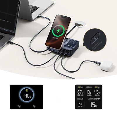 12. Baseus NOMOS 140W Qi2 5-in-1 Kabellose Ladestation mit einziehbarem USB-C-Kabel und Digitalanzeige – Schwarz