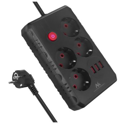 MACLEAN Steckdosenleiste, Verlängerungskabel mit 4 Steckdosen + 3 USB-Anschlüssen, 110–240 V Wechselstrom, 50/60 Hz, max. 2,1 A, 2500 W, 3 m, Schwarz, MCE393 B