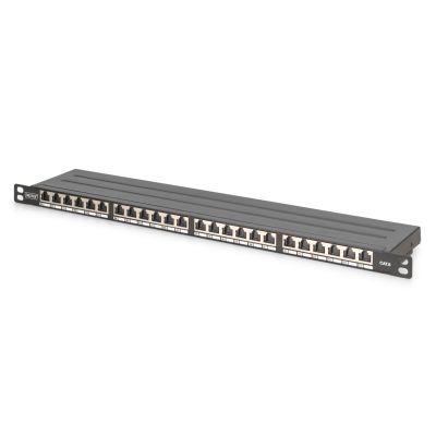 Hochdichtes Patchpanel 19 Zoll, 24x RJ45, LSA-Level, Cat. 6, geschirmt, 0,5 HE, schwarz, Kabelführung