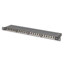 Hochdichtes Patchpanel 19 Zoll, 24x RJ45, LSA-Level, Cat. 6, geschirmt, 0,5 HE, schwarz, Kabelführung
