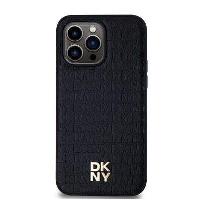 3. DKNY MagSafe-Hülle aus Leder mit Monogrammmuster und Metalllogo für iPhone 14 Pro Max – Schwarz