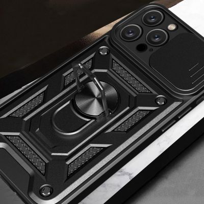 7. Hybrid Armor Camshield Panzerhülle für iPhone 16 Pro Max mit Kameraabdeckung und Ständer – Schwarz