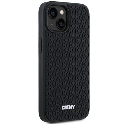4. DKNY 3D Rubber Repeat Pattern Hülle für iPhone 15 Plus – Schwarz