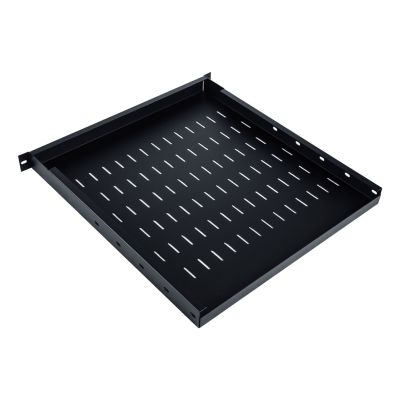 6. 19" verstellbarer Einlegeboden, 1 HE, Tiefe 500-900 mm, Tragfähigkeit 100 kg, 4-Punkt-Befestigung, schwarz, Schrauben im Lieferumfang enthalten.