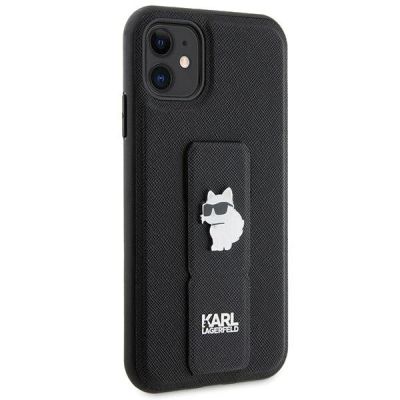 4. Karl Lagerfeld Gripstand Saffiano Choupette Pins Hülle für iPhone 11 / Xr – Schwarz