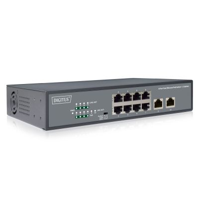 Unmanaged Netzwerk-Switch 19" 8x RJ45 10/100 Mbit/s, 2x FastEthernet Uplink, PoE+ 120 W Budget