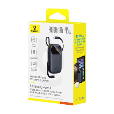 3. Baseus EnerFill FC31 20000mAh 45W Powerbank mit Digitalanzeige und 2 integrierten USB-C-Kabeln – Schwarz